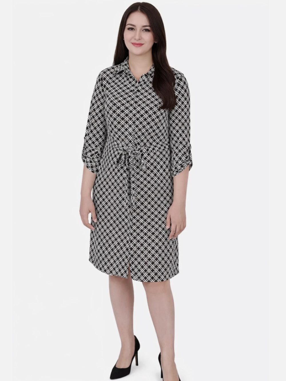 NY Collection Petite PL Geometric Printed Long Sleeve Roll Tab/Shirtdress NWT